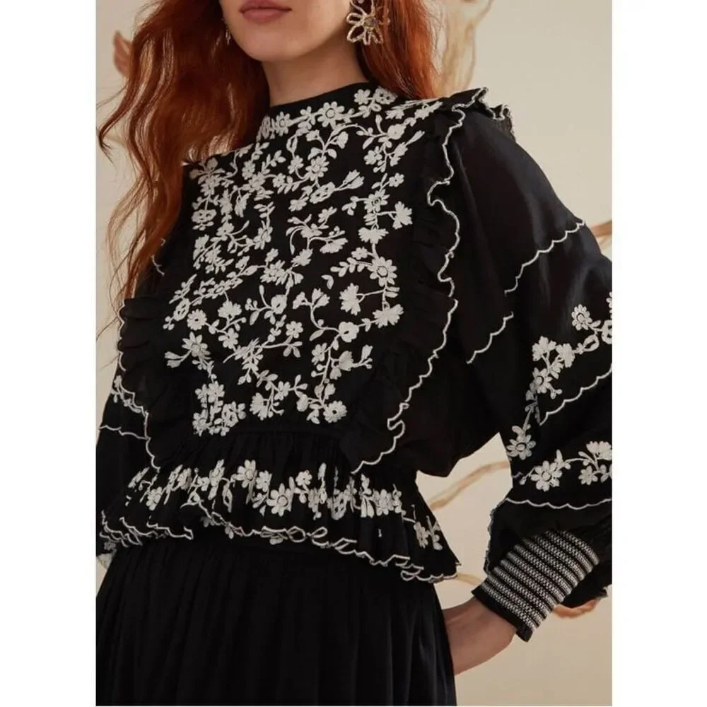 Farm Rio Women's Black White Embroidered Ruffle Long Sleeve Blouse Small NWOT